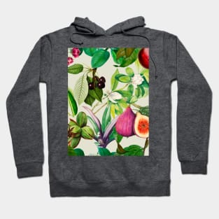 Vibrant tropical floral leaves and fruits floral illustration, Off white fruit pattern over a Hoodie